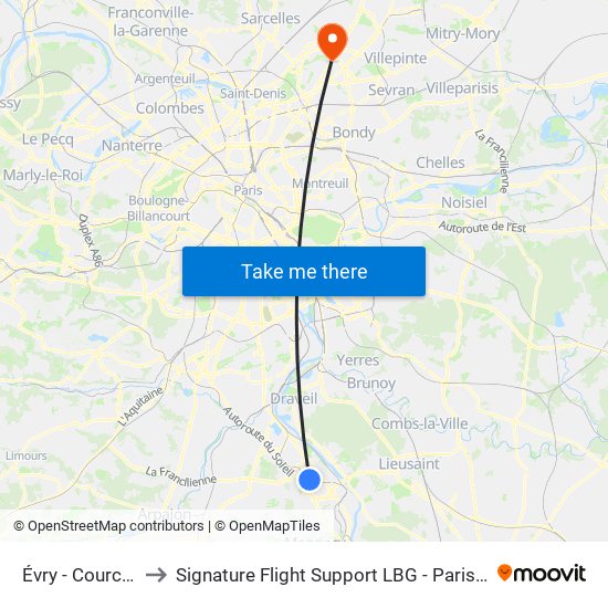 Évry - Courcouronnes to Signature Flight Support LBG - Paris Le Bourget Terminal 2 map