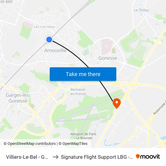 Villiers-Le-Bel - Gonesse - Arnouville to Signature Flight Support LBG - Paris Le Bourget Terminal 2 map