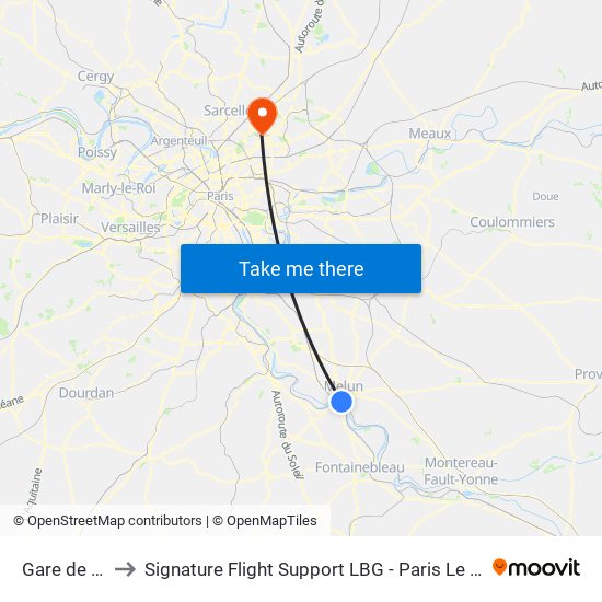 Gare de Melun to Signature Flight Support LBG - Paris Le Bourget Terminal 2 map