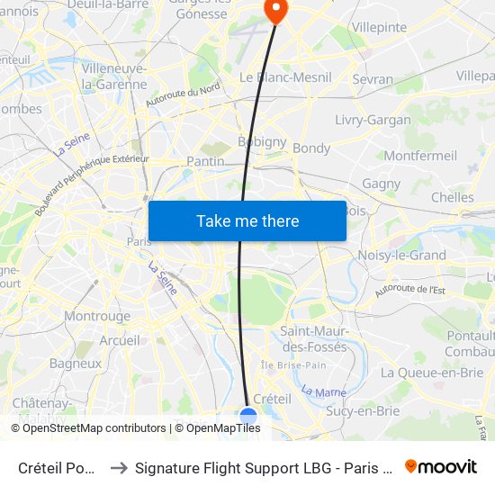 Créteil Pompadour to Signature Flight Support LBG - Paris Le Bourget Terminal 2 map