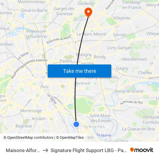 Maisons-Alfort - Alfortville to Signature Flight Support LBG - Paris Le Bourget Terminal 2 map
