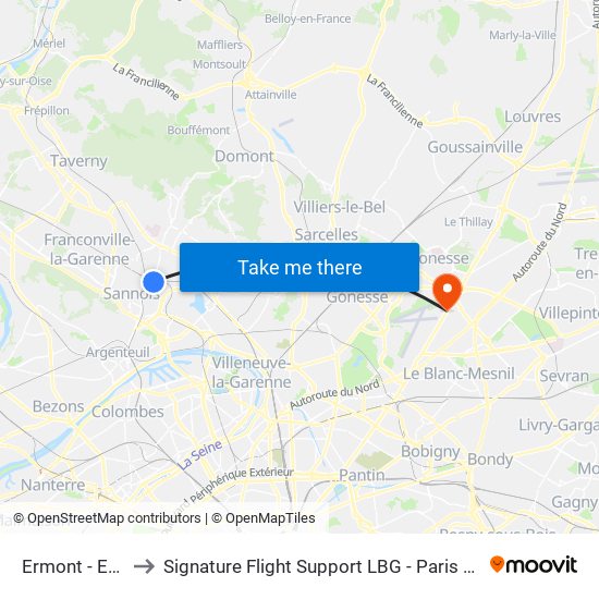 Ermont - Eaubonne to Signature Flight Support LBG - Paris Le Bourget Terminal 2 map