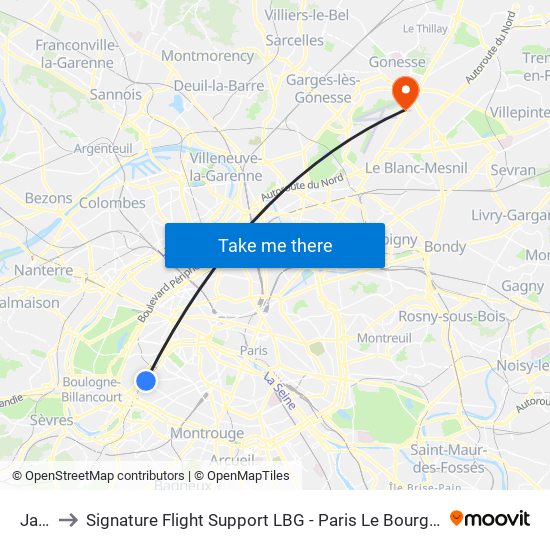 Javel to Signature Flight Support LBG - Paris Le Bourget Terminal 2 map
