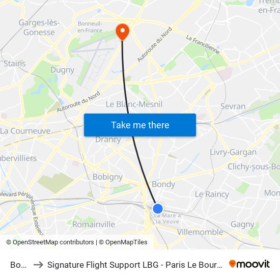 Bondy to Signature Flight Support LBG - Paris Le Bourget Terminal 2 map