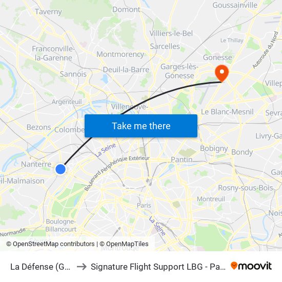 La Défense (Grande Arche) to Signature Flight Support LBG - Paris Le Bourget Terminal 2 map