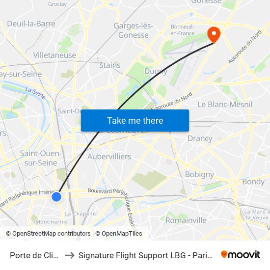 Porte de Clignancourt to Signature Flight Support LBG - Paris Le Bourget Terminal 2 map