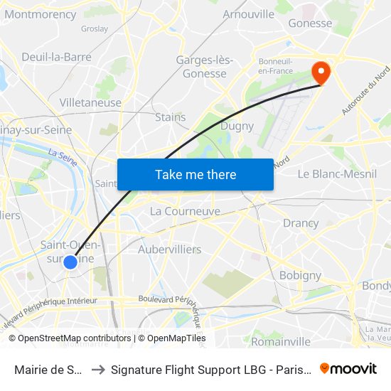 Mairie de Saint-Ouen to Signature Flight Support LBG - Paris Le Bourget Terminal 2 map