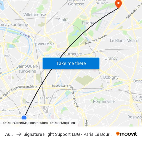Auber to Signature Flight Support LBG - Paris Le Bourget Terminal 2 map