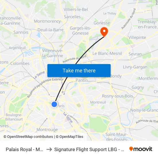 Palais Royal - Musée du Louvre to Signature Flight Support LBG - Paris Le Bourget Terminal 2 map