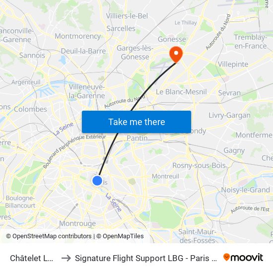 Châtelet Les Halles to Signature Flight Support LBG - Paris Le Bourget Terminal 2 map