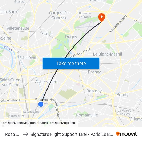 Rosa Parks to Signature Flight Support LBG - Paris Le Bourget Terminal 2 map