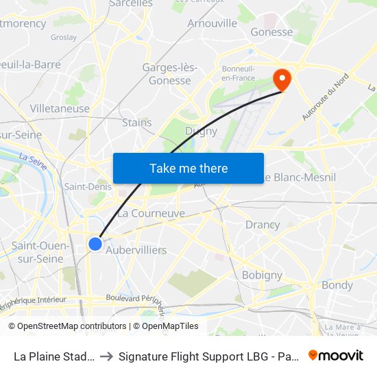 La Plaine Stade de France to Signature Flight Support LBG - Paris Le Bourget Terminal 2 map