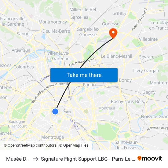 Musée D'Orsay to Signature Flight Support LBG - Paris Le Bourget Terminal 2 map