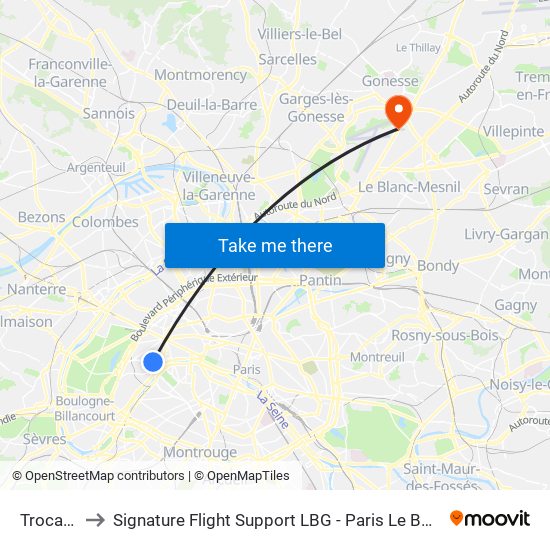 Trocadéro to Signature Flight Support LBG - Paris Le Bourget Terminal 2 map