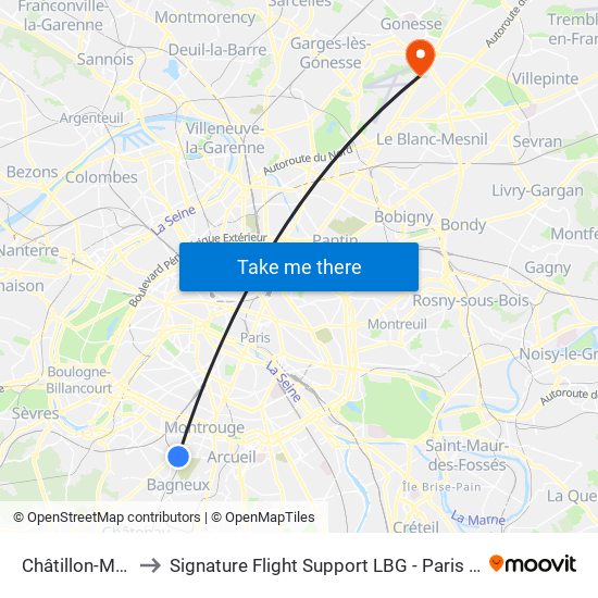 Châtillon-Montrouge to Signature Flight Support LBG - Paris Le Bourget Terminal 2 map