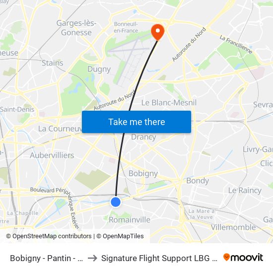 Bobigny - Pantin - Raymond Queneau to Signature Flight Support LBG - Paris Le Bourget Terminal 2 map