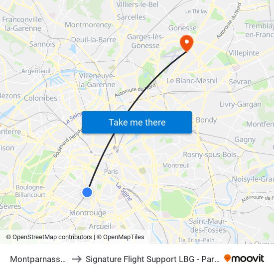 Montparnasse-Bienvenue to Signature Flight Support LBG - Paris Le Bourget Terminal 2 map
