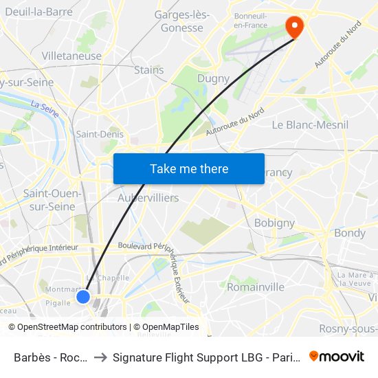 Barbès - Rochechouart to Signature Flight Support LBG - Paris Le Bourget Terminal 2 map