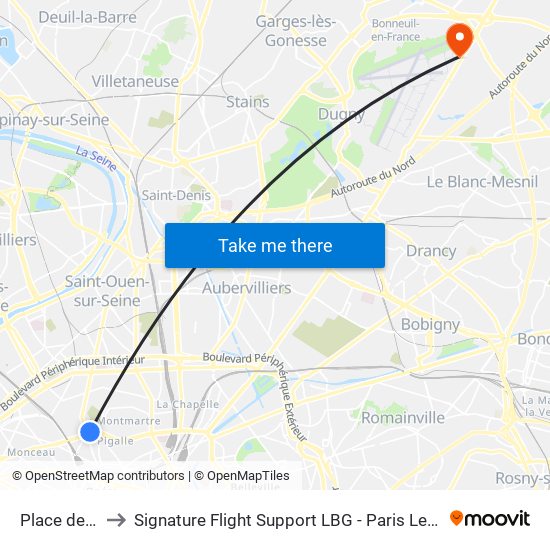 Place de Clichy to Signature Flight Support LBG - Paris Le Bourget Terminal 2 map