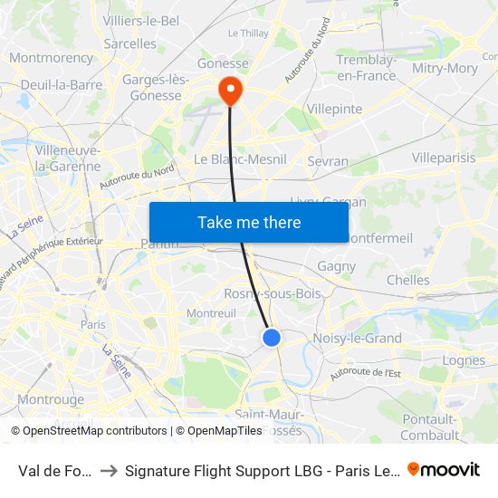 Val de Fontenay to Signature Flight Support LBG - Paris Le Bourget Terminal 2 map