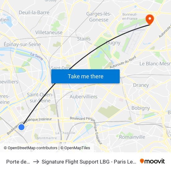 Porte de Clichy to Signature Flight Support LBG - Paris Le Bourget Terminal 2 map