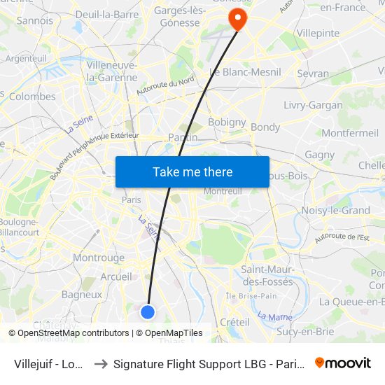 Villejuif - Louis Aragon to Signature Flight Support LBG - Paris Le Bourget Terminal 2 map