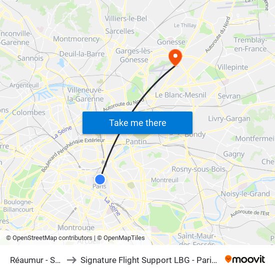 Réaumur - Sébastopol to Signature Flight Support LBG - Paris Le Bourget Terminal 2 map