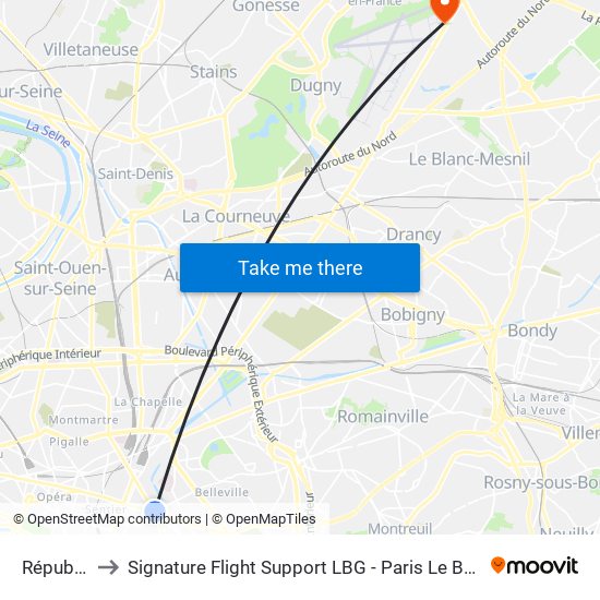 République to Signature Flight Support LBG - Paris Le Bourget Terminal 2 map