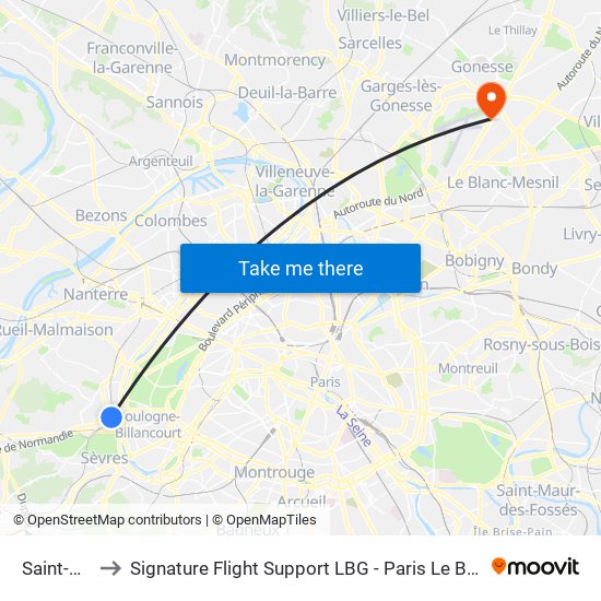 Saint-Cloud to Signature Flight Support LBG - Paris Le Bourget Terminal 2 map