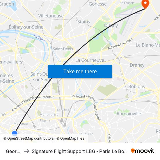 George V to Signature Flight Support LBG - Paris Le Bourget Terminal 2 map