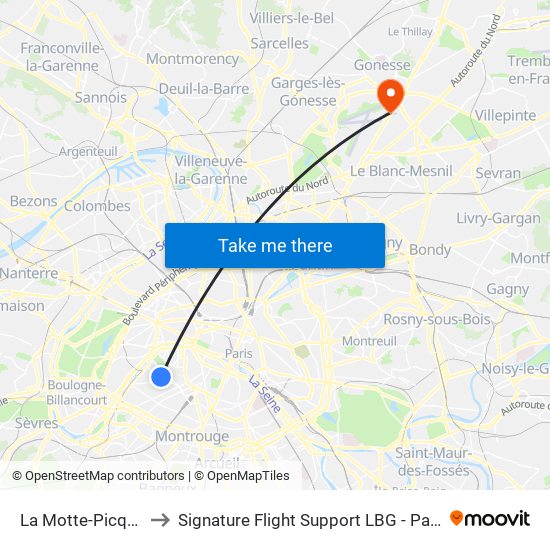 La Motte-Picquet - Grenelle to Signature Flight Support LBG - Paris Le Bourget Terminal 2 map