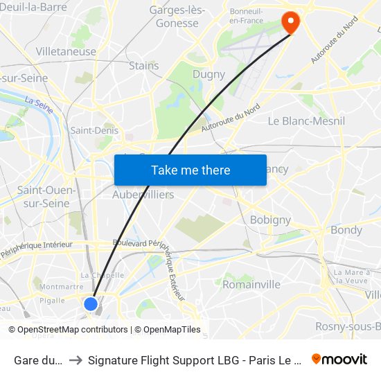 Gare du Nord to Signature Flight Support LBG - Paris Le Bourget Terminal 2 map