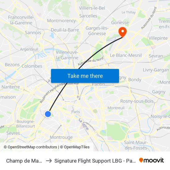 Champ de Mars Tour Eiffel to Signature Flight Support LBG - Paris Le Bourget Terminal 2 map