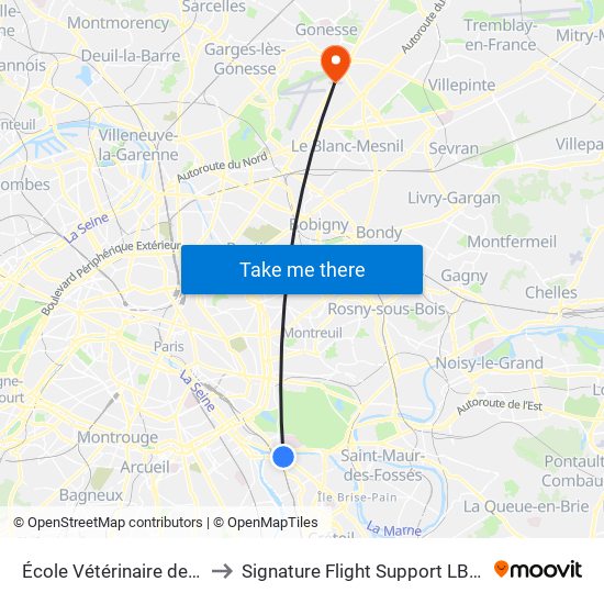 École Vétérinaire de Maisons-Alfort - Métro to Signature Flight Support LBG - Paris Le Bourget Terminal 2 map