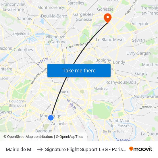 Mairie de Montrouge to Signature Flight Support LBG - Paris Le Bourget Terminal 2 map