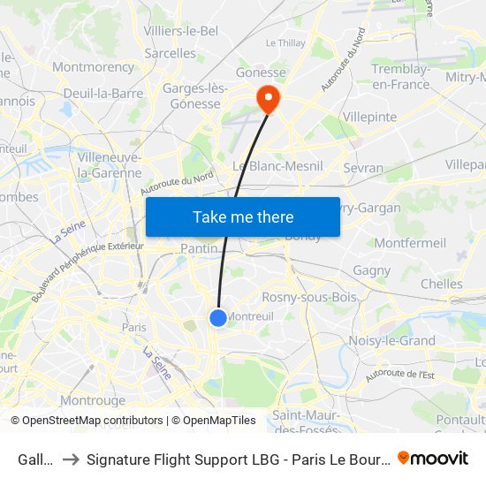 Gallieni to Signature Flight Support LBG - Paris Le Bourget Terminal 2 map