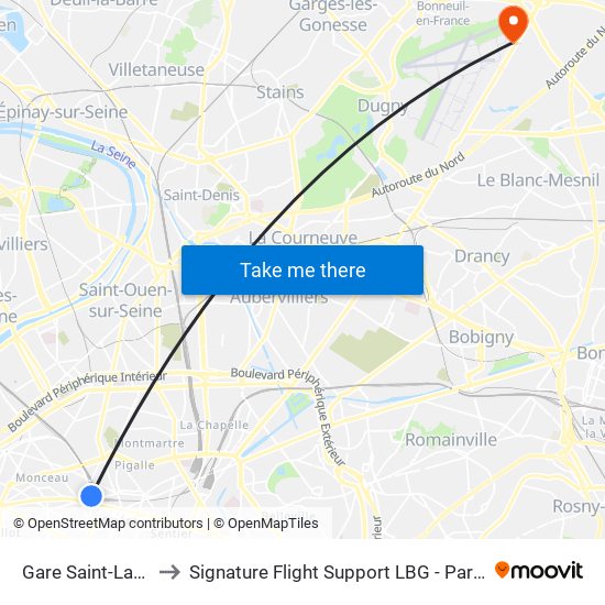 Gare Saint-Lazare - Rome to Signature Flight Support LBG - Paris Le Bourget Terminal 2 map