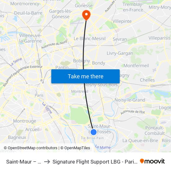 Saint-Maur – Créteil RER to Signature Flight Support LBG - Paris Le Bourget Terminal 2 map