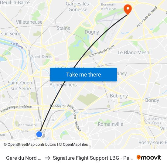 Gare du Nord - Dunkerque to Signature Flight Support LBG - Paris Le Bourget Terminal 2 map