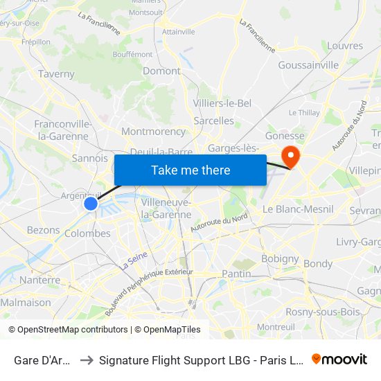 Gare D'Argenteuil to Signature Flight Support LBG - Paris Le Bourget Terminal 2 map