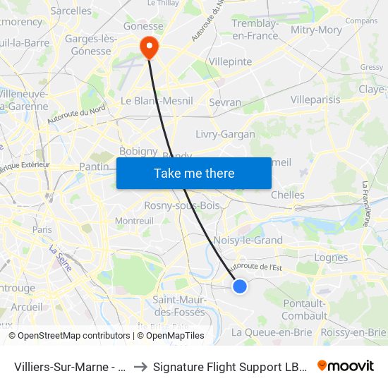 Villiers-Sur-Marne - Le Plessis-Trévise RER to Signature Flight Support LBG - Paris Le Bourget Terminal 2 map