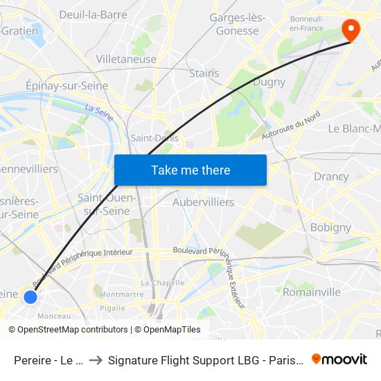 Pereire - Le Chatelier to Signature Flight Support LBG - Paris Le Bourget Terminal 2 map