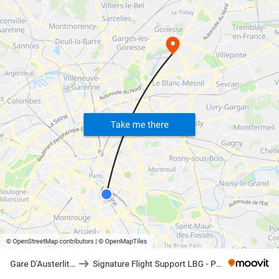 Gare D'Austerlitz - Cour Seine to Signature Flight Support LBG - Paris Le Bourget Terminal 2 map