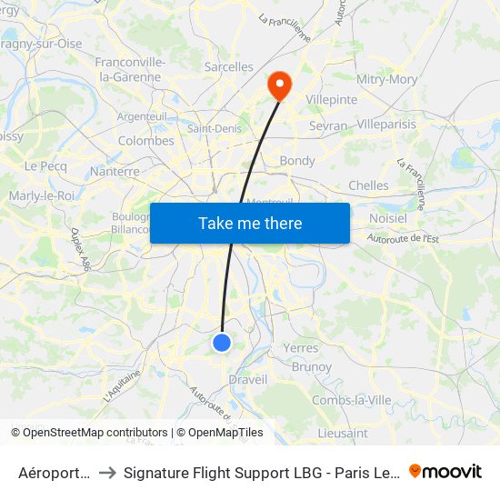 Aéroport Orly 4 to Signature Flight Support LBG - Paris Le Bourget Terminal 2 map