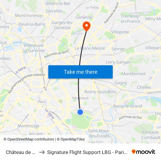 Château de Vincennes to Signature Flight Support LBG - Paris Le Bourget Terminal 2 map