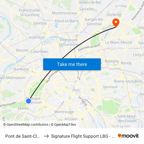 Pont de Saint-Cloud - Albert Kahn to Signature Flight Support LBG - Paris Le Bourget Terminal 2 map