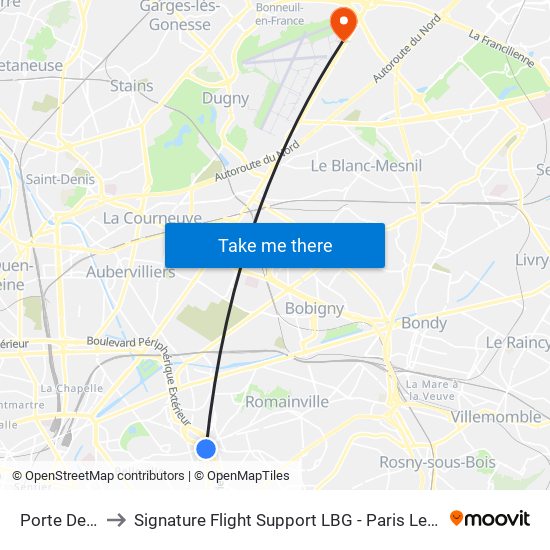 Porte Des Lilas to Signature Flight Support LBG - Paris Le Bourget Terminal 2 map