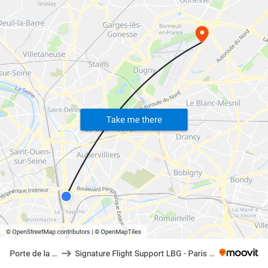 Porte de la Chapelle to Signature Flight Support LBG - Paris Le Bourget Terminal 2 map