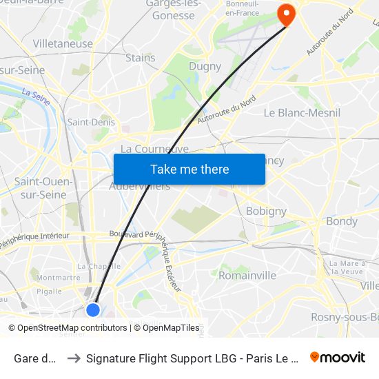 Gare de L'Est to Signature Flight Support LBG - Paris Le Bourget Terminal 2 map