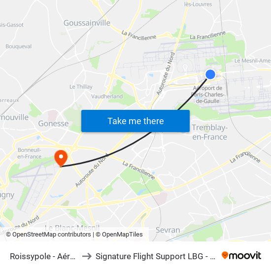 Roissypole - Aéroport Cdg1 (G1) to Signature Flight Support LBG - Paris Le Bourget Terminal 2 map